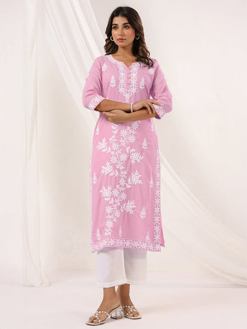 Janasya Women's Light Pink Pure Cotton Embroidered Straight Kurta
